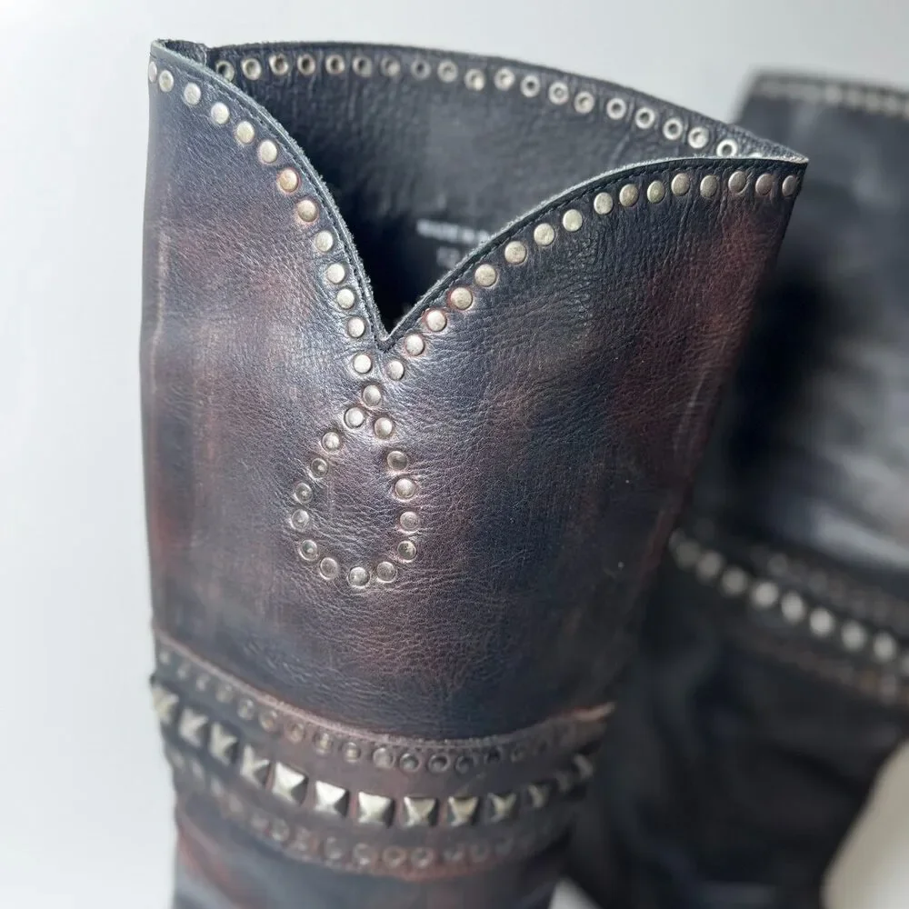 Free People Brown Leather Boots Womens EU 37  Tall Studded‎ Portugal Decorative - Picture 5 of 15